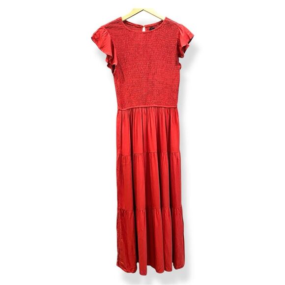 Cottagecore Smocked Tiered Midi Dress Flutter Sleeve Crewneck Rust Orange S NWT - Picture 4 of 16
